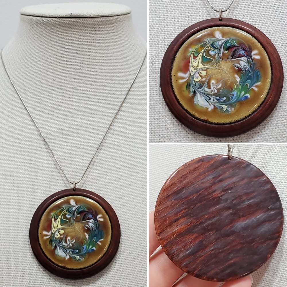 Vtg Enamel Medallion Statement Necklace Silvertone RopeChain 19" Woodgrain Bezel